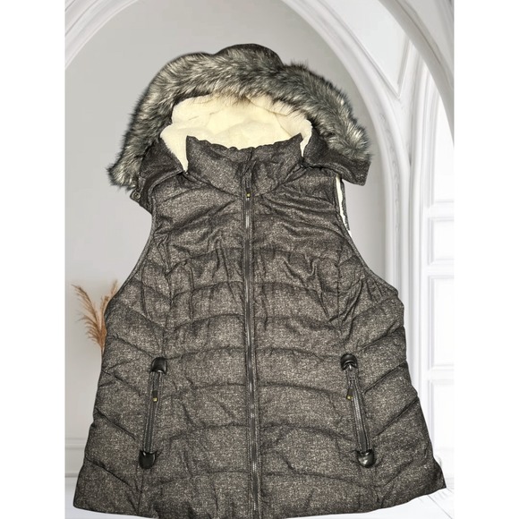 Green Tea Women XXL Heather Gray Faux Fur Hood Puffer Vest Coat NWT Sherpa Lined - Picture 1 of 12